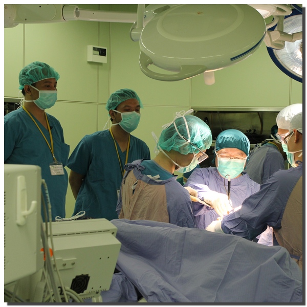 來自印尼的Dr. Cokorda Gde Oka Dharmayudha、Dr. Jamot Silitonga(左一起)，特地來到花蓮慈院，觀摩兼任骨科部主任的花蓮慈院名譽院長陳英和(左四)示範人工膝關節置換手術。(攝影：楊國濱)
