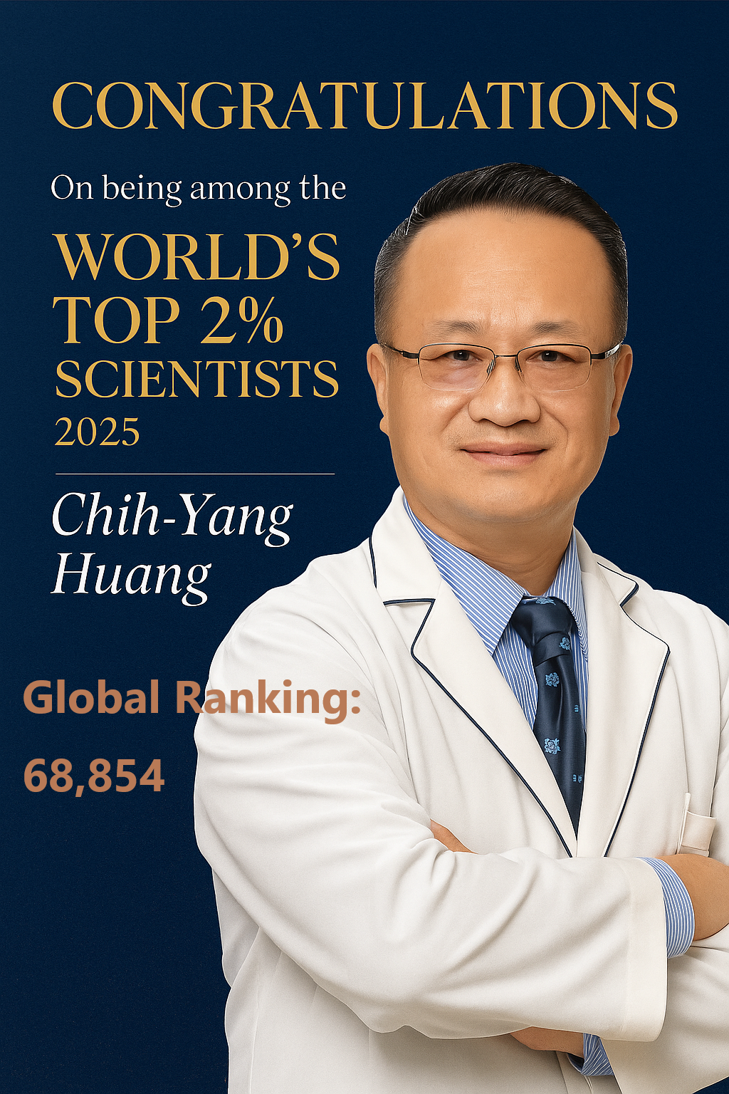 賀!黃志揚副院長名列2025年史丹佛大學發布「全球前2%頂尖學家榜單」-連續6年入選全球前2%頂尖科學家榜單。